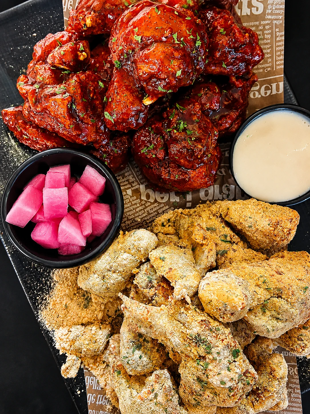 Korean fried chicken platter with sweet-hot and cheese snow chicken