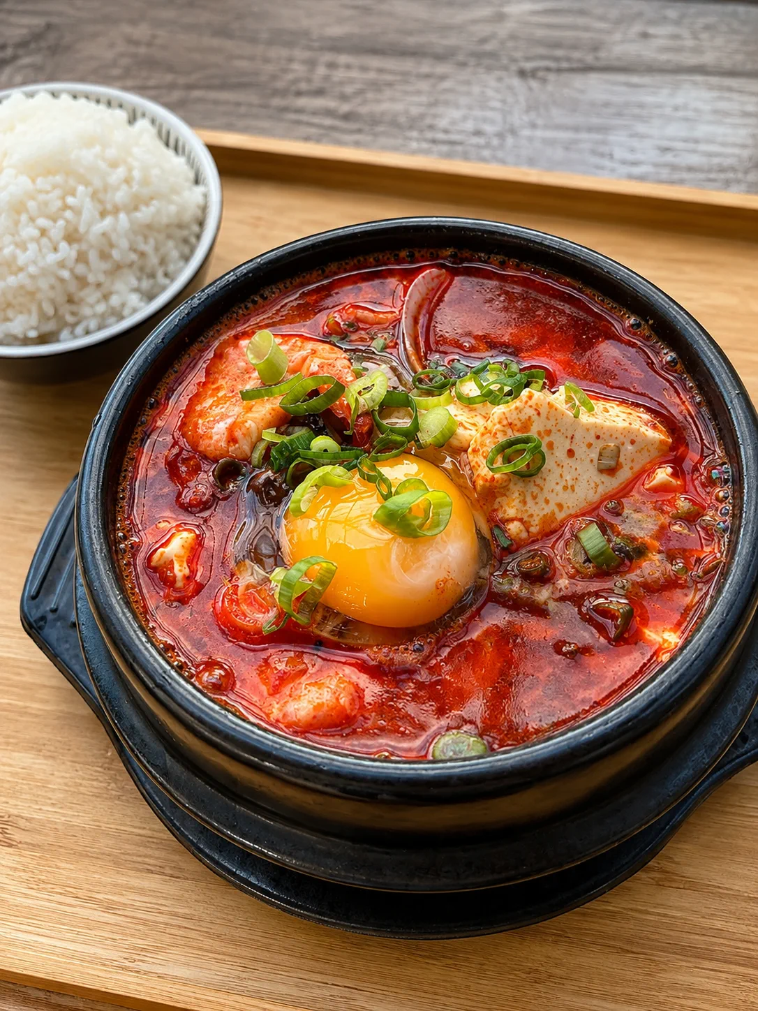 Korean hot pot served with rice and kimchi