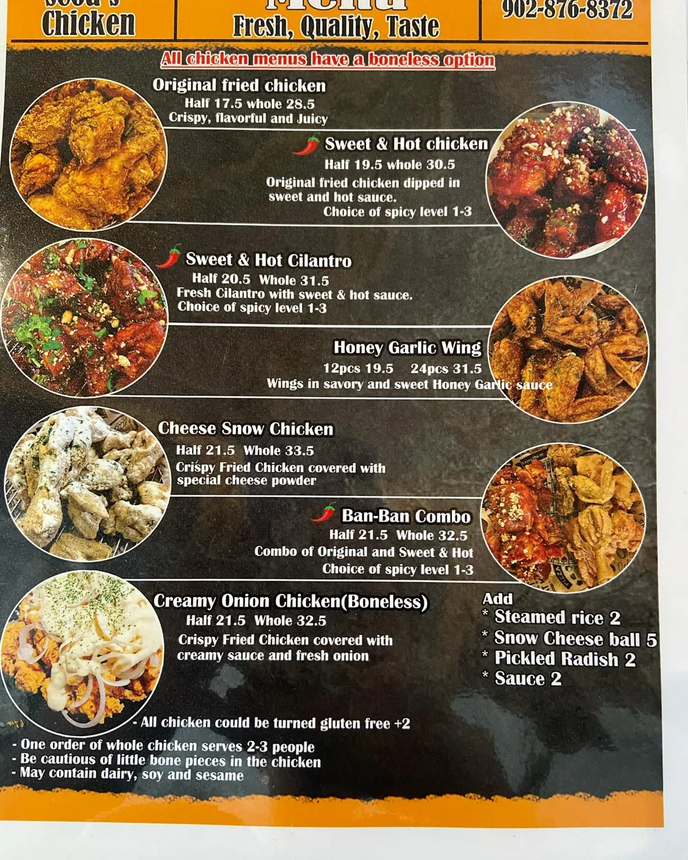 Seoa's Chicken fried chicken menu with prices